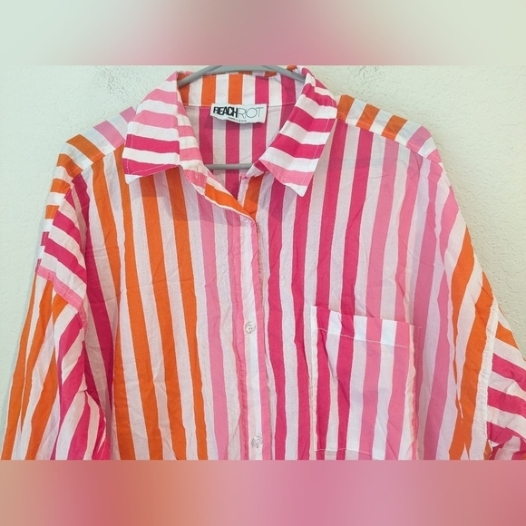 Beach Riot Pink Orange Stripe Alexa Long Sleeve Cotton Cover-Up Top Resortwear - Picture 7 of 11